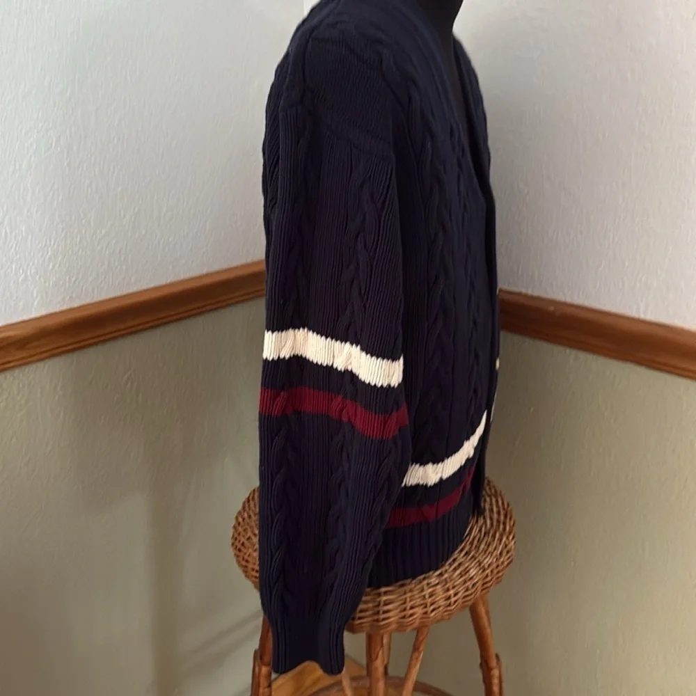 Vintage men’s Izod Cable Knit Collegiate Button Down Navy Blue Cardigan Large